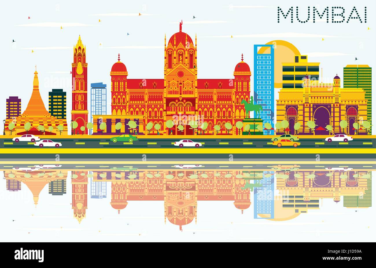 Mumbai Skyline with Color Buildings, Blue Sky and Reflections. Vector