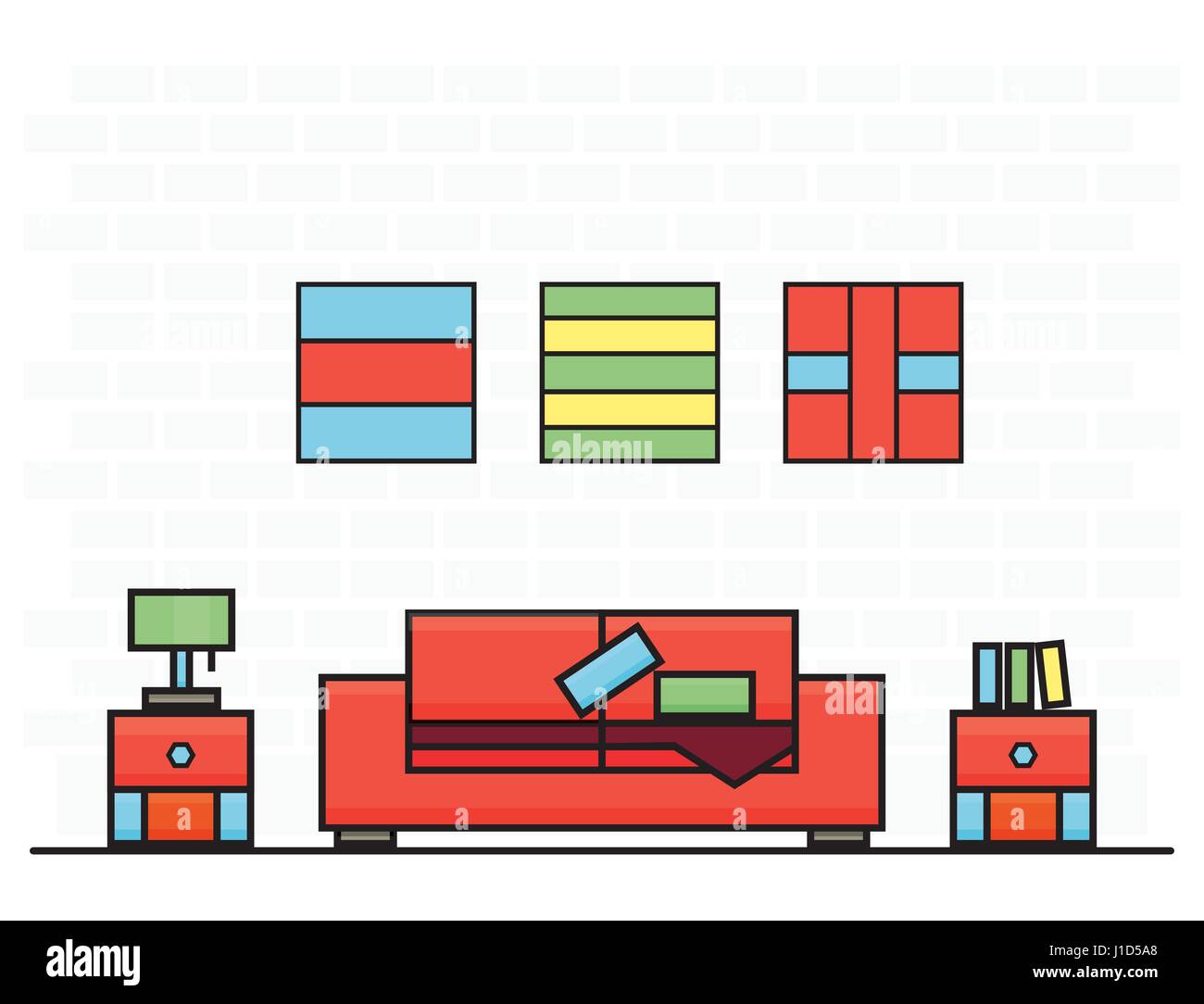 Red Sofa with Two Curbstones. Vector Illustration. Room Interior. Stock Vector