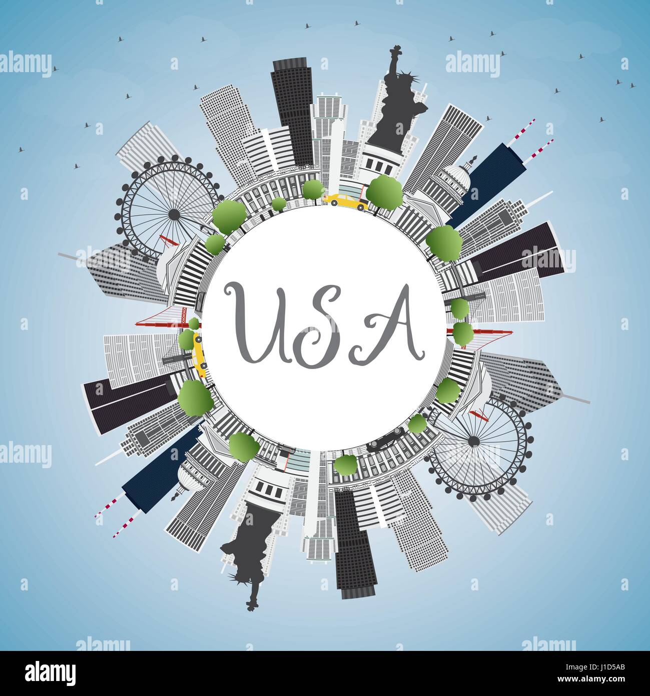 USA Skyline with Gray Skyscrapers, Landmarks and Copy Space. Vector Illustration. Business Travel and Tourism Concept with Modern Architecture. Stock Vector