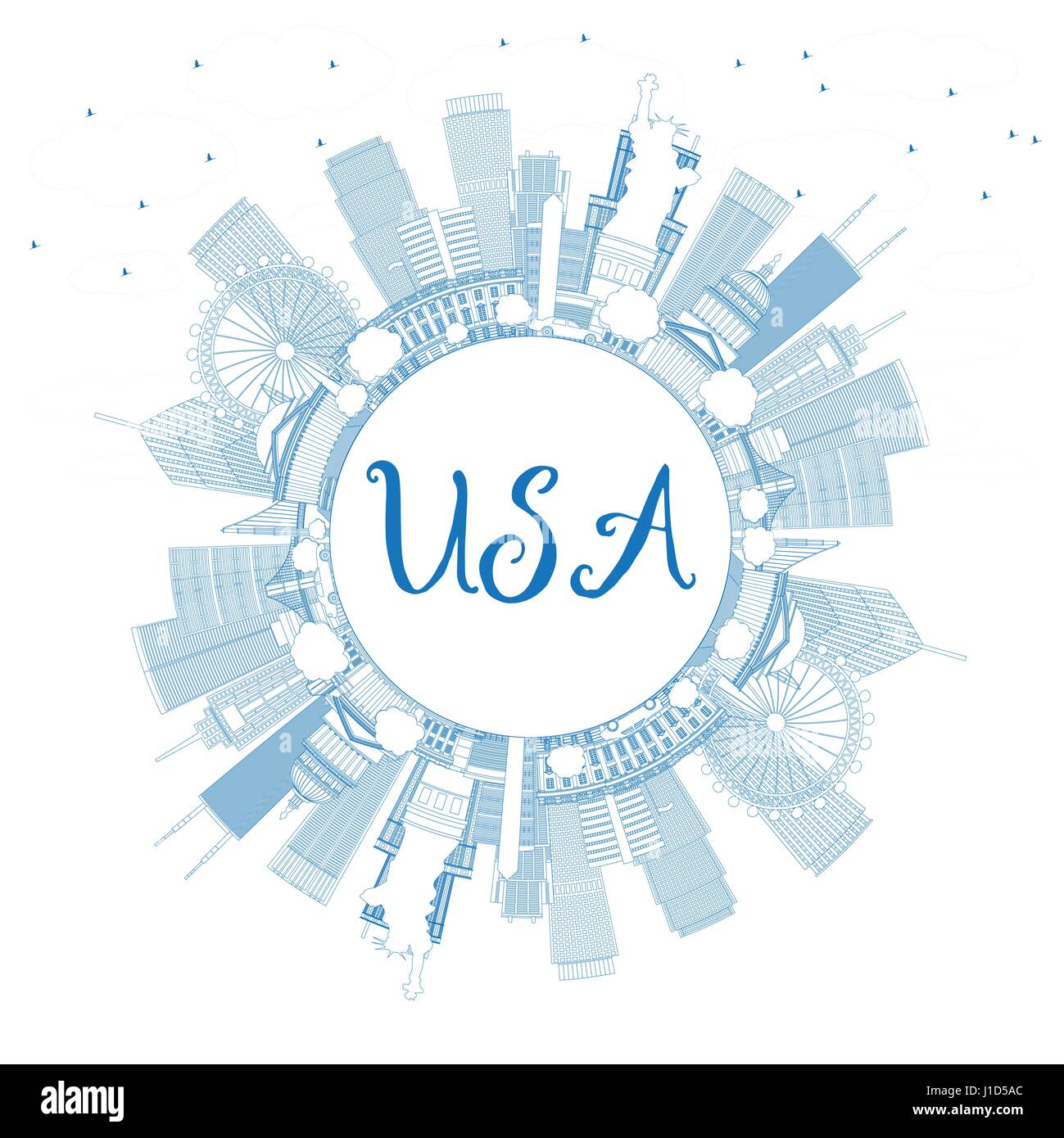 Outline USA Skyline with Blue Skyscrapers, Landmarks and Copy Space. Vector Illustration. Business Travel and Tourism Concept with Modern Architecture Stock Vector