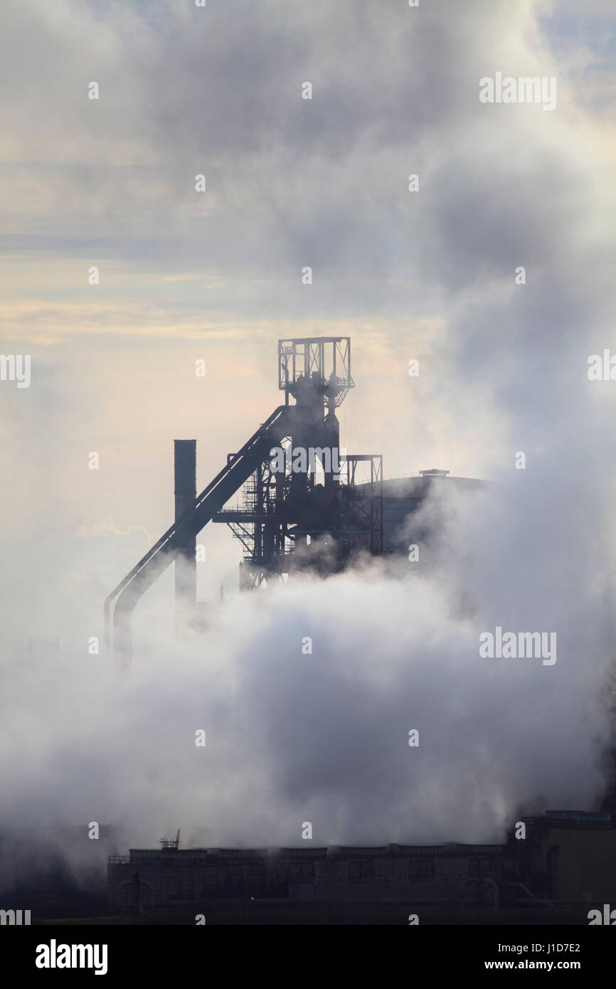 Head Gear and Steam at Port Talbot Steel Works Stock Photo