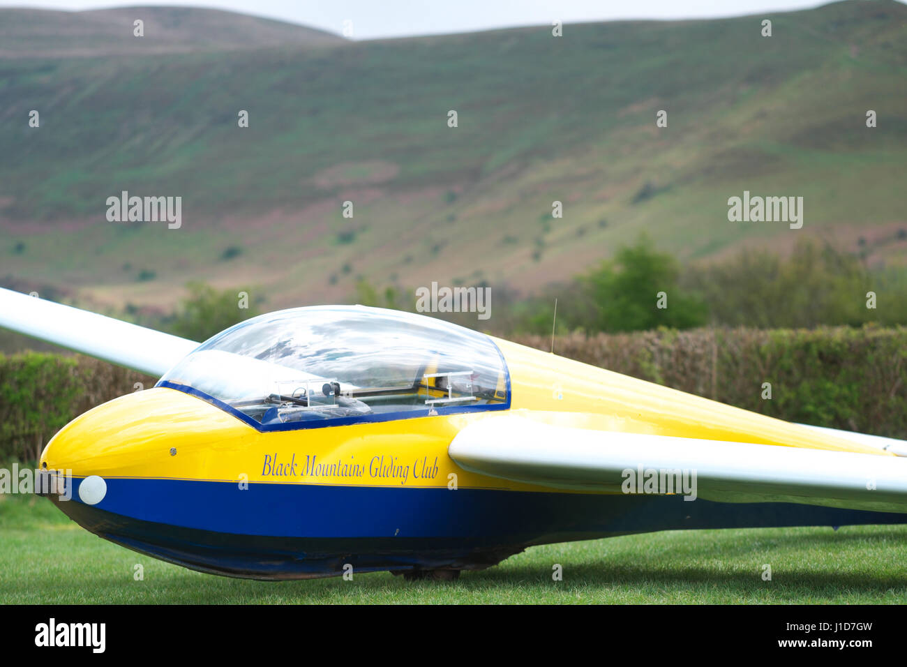 Talgath Wales a Schleicher ASK 13 two seat training glider flown by the Black Mountains Gliding Club in Wales UK Stock Photo