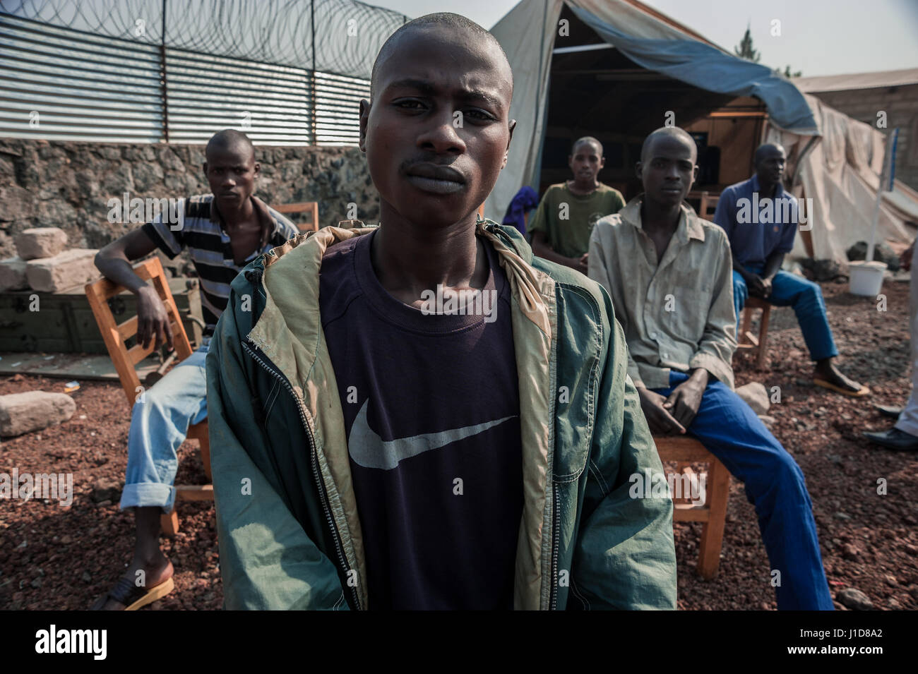 Former Democratic Republic of Congo (DRC) militia members at a United Nations demobilization camp in Goma, North Kivu, before repatriation to Rwanda Stock Photo