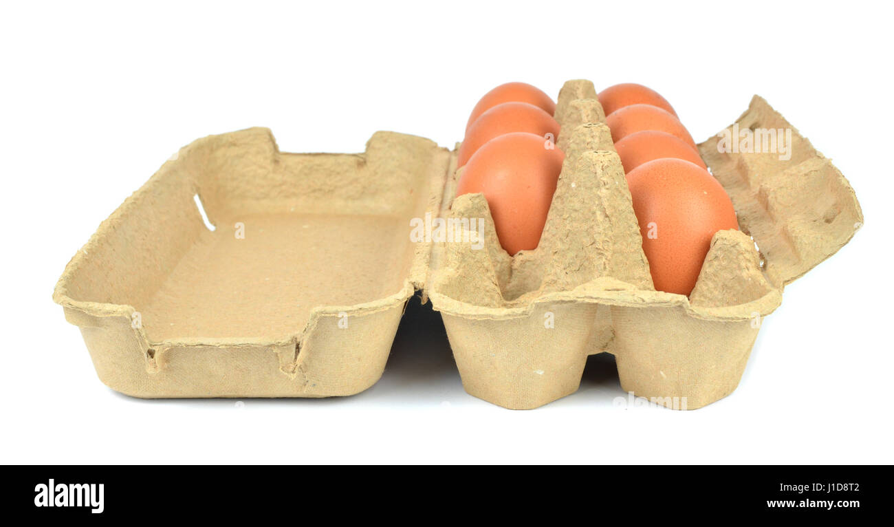 Open cardboard box with chicken eggs on white Stock Photo - Alamy