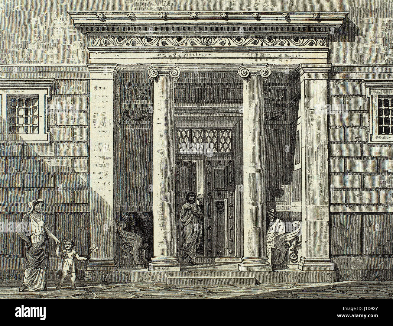 Ancient Greece. Classical Greek house. Entrance with ionic columns. Engraving. 'El Mundo Ilustrado', 1880. Stock Photo