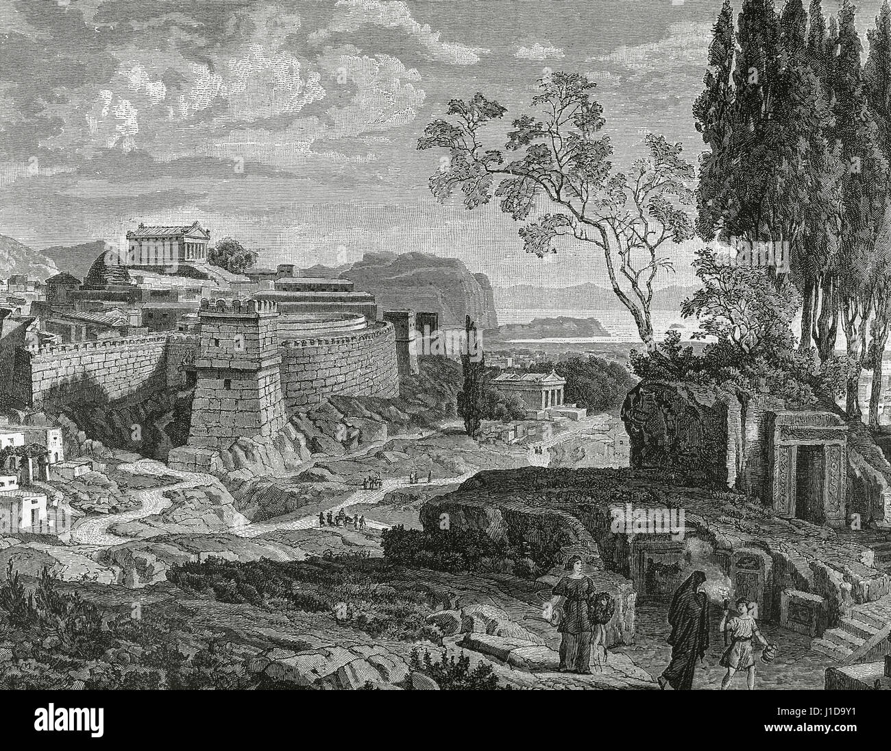 Ancient Greece. City of Mycenae. The Altar of Hera to the right and the castle to the left. In the background, the port and the Nauplia bay. Engraving. 19th century. Stock Photo