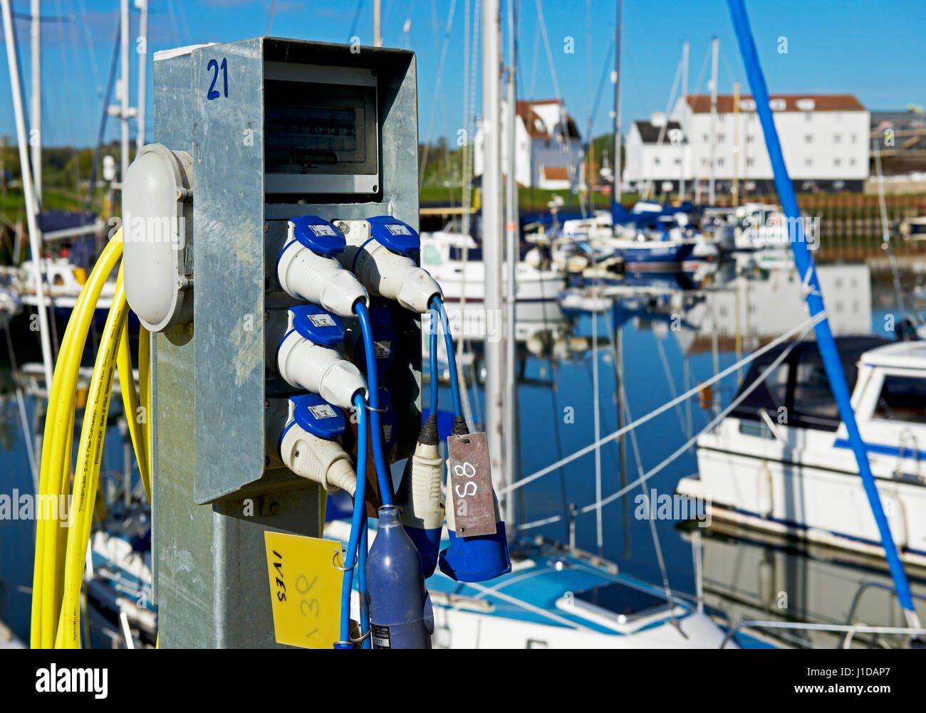 Electric hook-up at the marina, Woodbridge, Suffolk, England UK Stock Photo