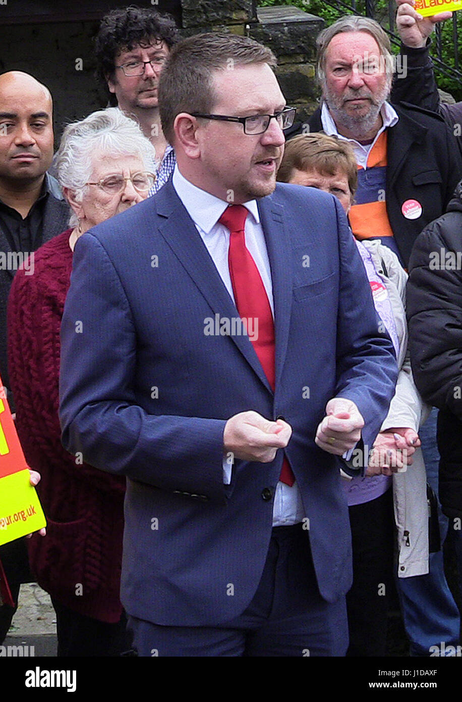 Andrew Gwynne, Labour's national election campaigns coodinator, campaigning in Morley, West Yorkshire, where he said he does not know if Ed Balls will return to fight in the West Yorkshire seat he lost two years ago in one of the defining moments of party's 2015 poll defeat. Stock Photo