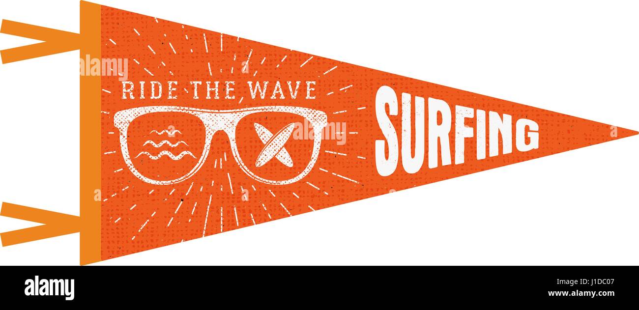 Surfing pennant. Summer Pennant flag design. Vintage surf emblem with glasses, longboard, sunburst. Ride the wave pennant. Summer symbols isolated. Retro surfboard icon, label design Stock Vector
