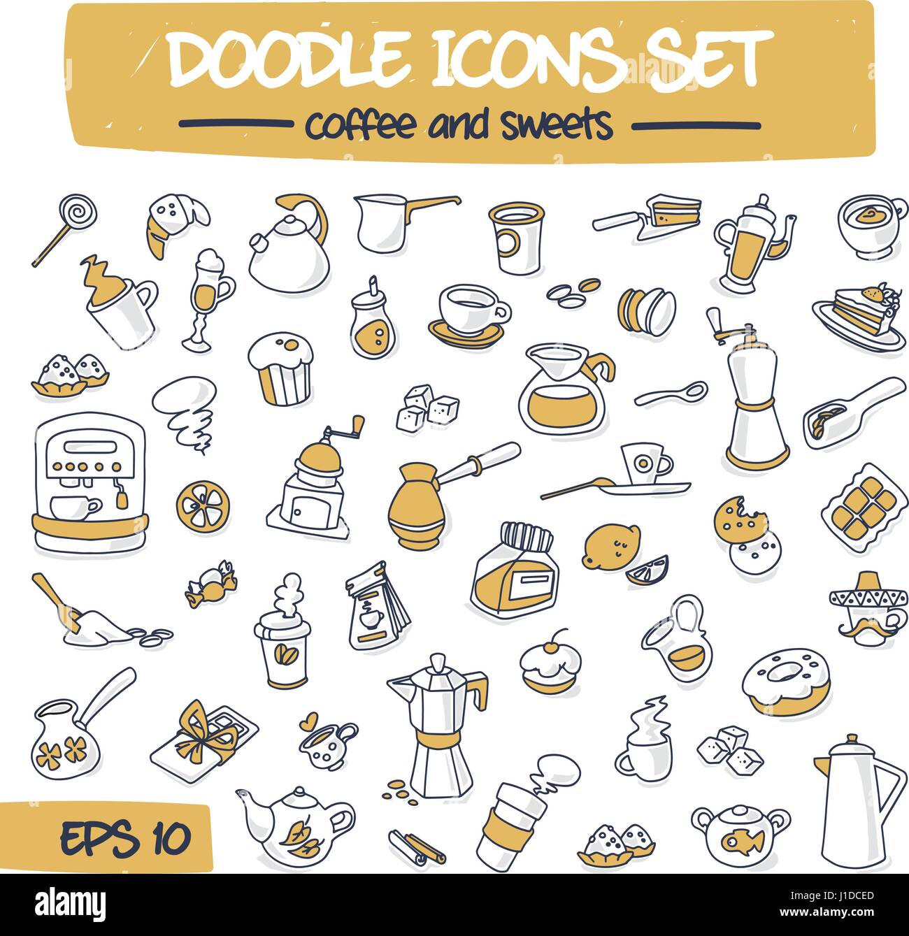 Thin Doodle Icons Set - Coffee and Sweets. Stock Vector