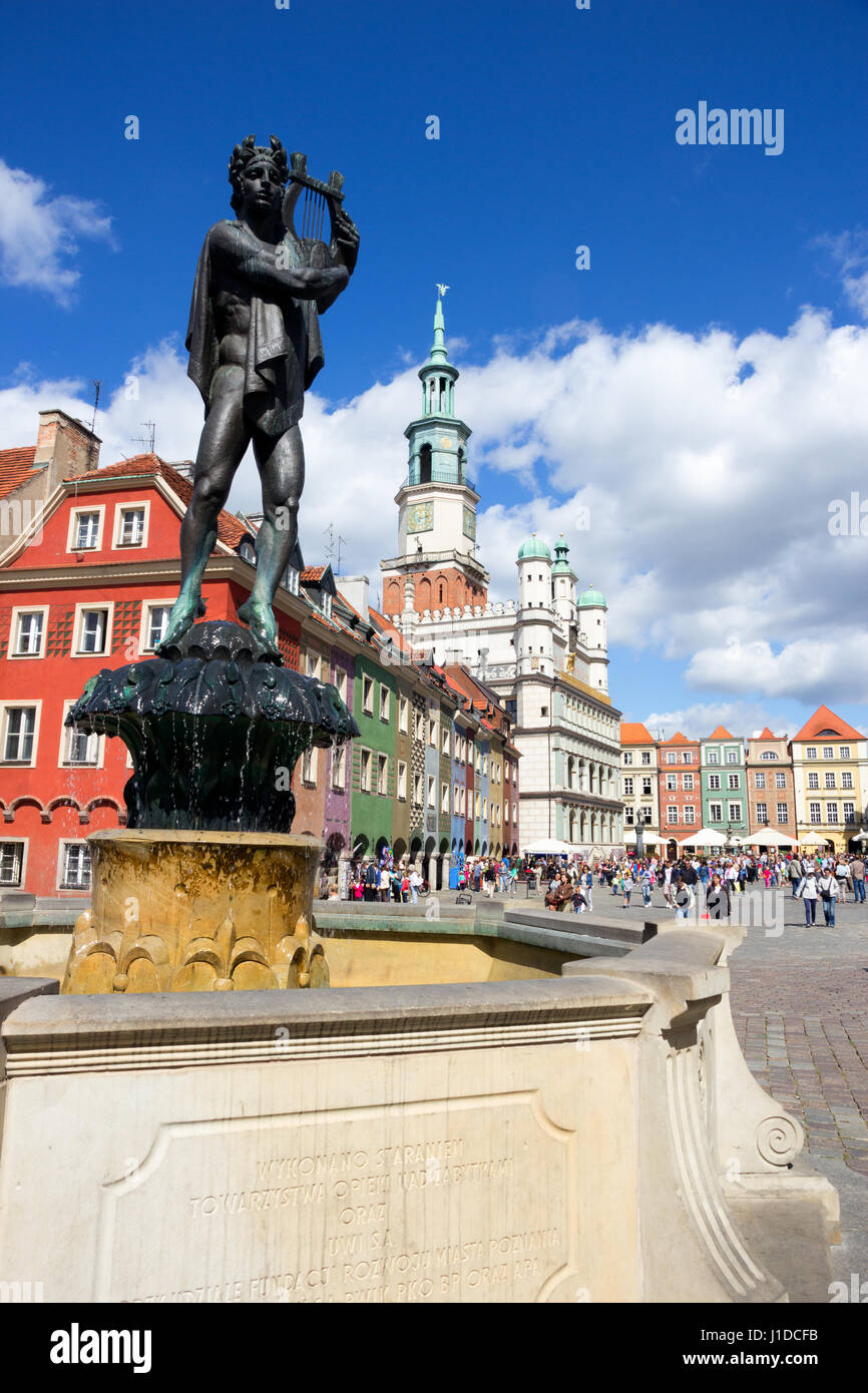 POZNAN, POLAND - AUG 20, 2014: Orpheus statue on the colorful main square in Poznan. Stock Photo