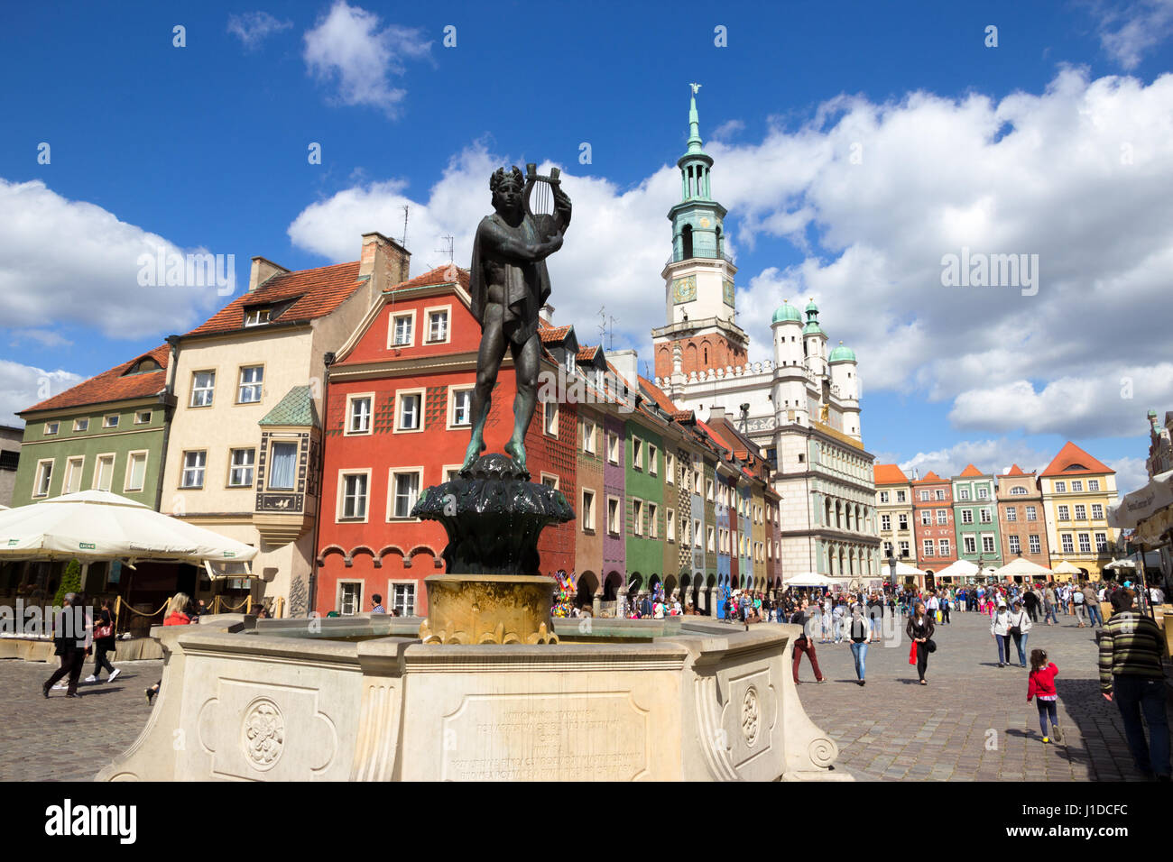POZNAN, POLAND - AUG 20, 2014: Orpheus statue on the colorful main square in Poznan. Stock Photo