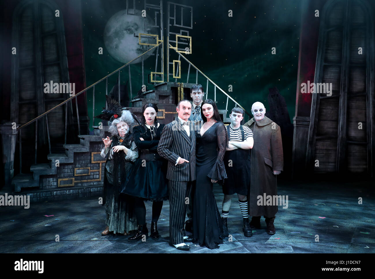 (from left) Valda Aviks as Grandma Addams, Carrie Hope Fletcher as Wednesday, Cameron Blakely as Gomez, Dickon Gough as Lurch, Samantha Womack as Morticia, Grant McIntyre as Pugsley and Les Dennis as Uncle Fester, ahead of a dress rehearsal of The Addams Family musical, which makes its UK Premiere at the Festival Theatre in Edinburgh before embarking on a UK tour. Stock Photo
