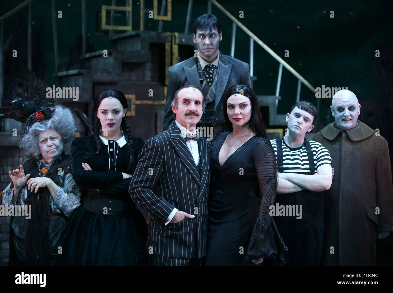 On stage ahead of a full dress rehearsal is (from left) Valda Aviks as Grandma Addams, Carrie Hope Fletcher as Wednesday, Cameron Blakely as Gomez, Dickon Gough as Lurch, Samantha Womack as Morticia, Grant McIntyre as Pugsley and Les Dennis as Uncle Fester, stars of The Addams Family musical which makes its UK Premiere at the Festival Theatre in Edinburgh before embarking on a major UK tour. Stock Photo