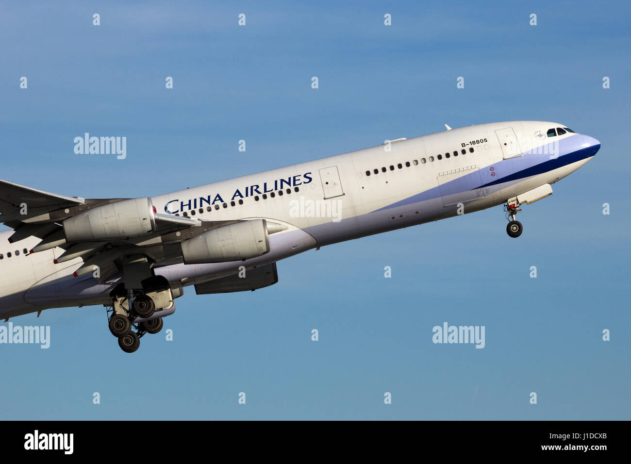 AMSTERDAM-SCHIPHOL - FEB 16, 2016: China Airlines Airbus A340 airplane take-off from Schiphol airport. Stock Photo