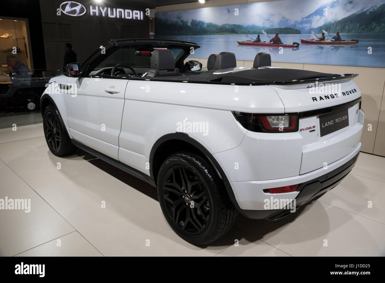 BRUSSELS - JAN 19, 2017: Range Rover Evoque Convertible compact SUV car at the Brussels Auto Salon. Stock Photo