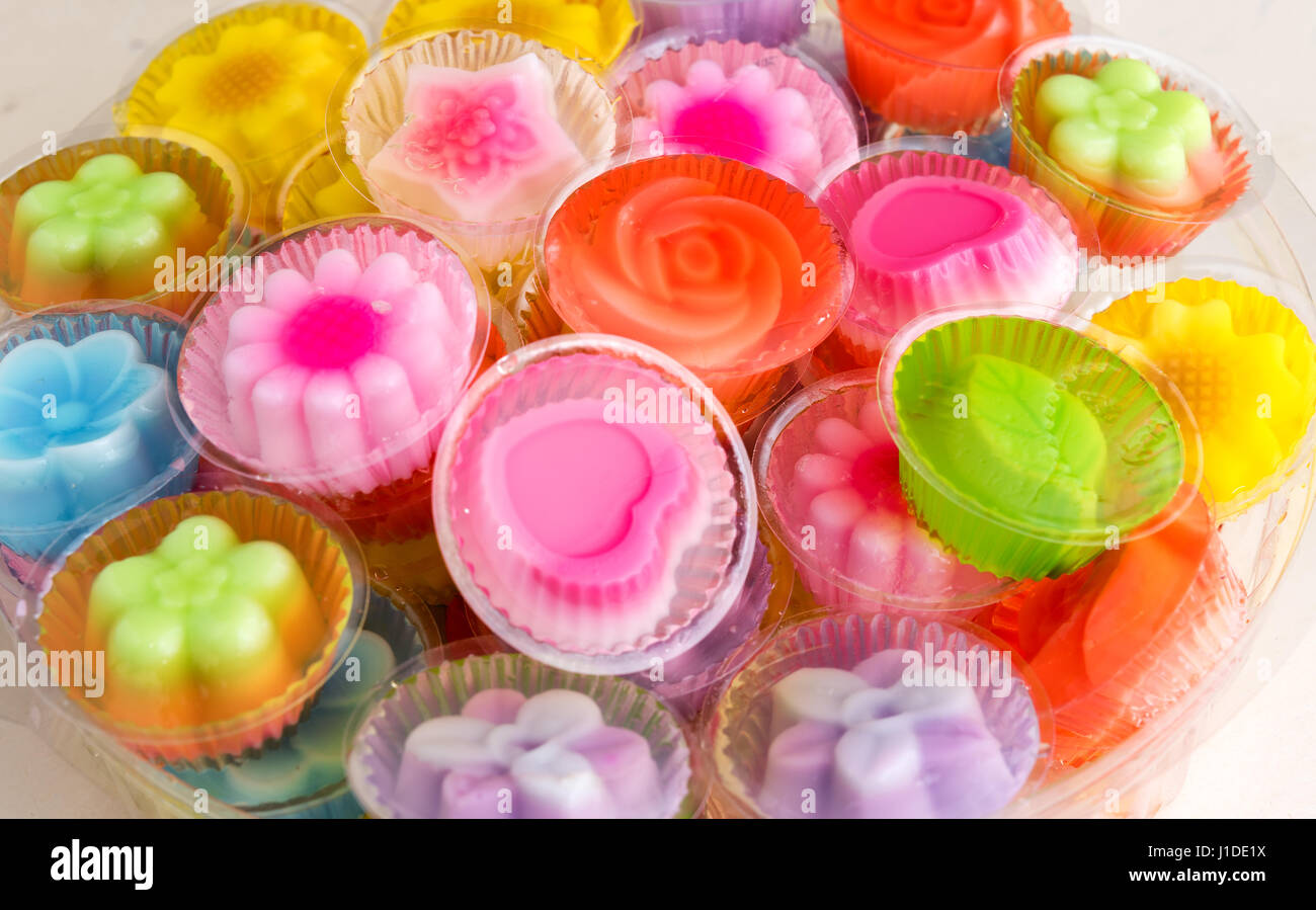 Stack of colorful gelatin dessert homemade, Thai food style Stock Photo
