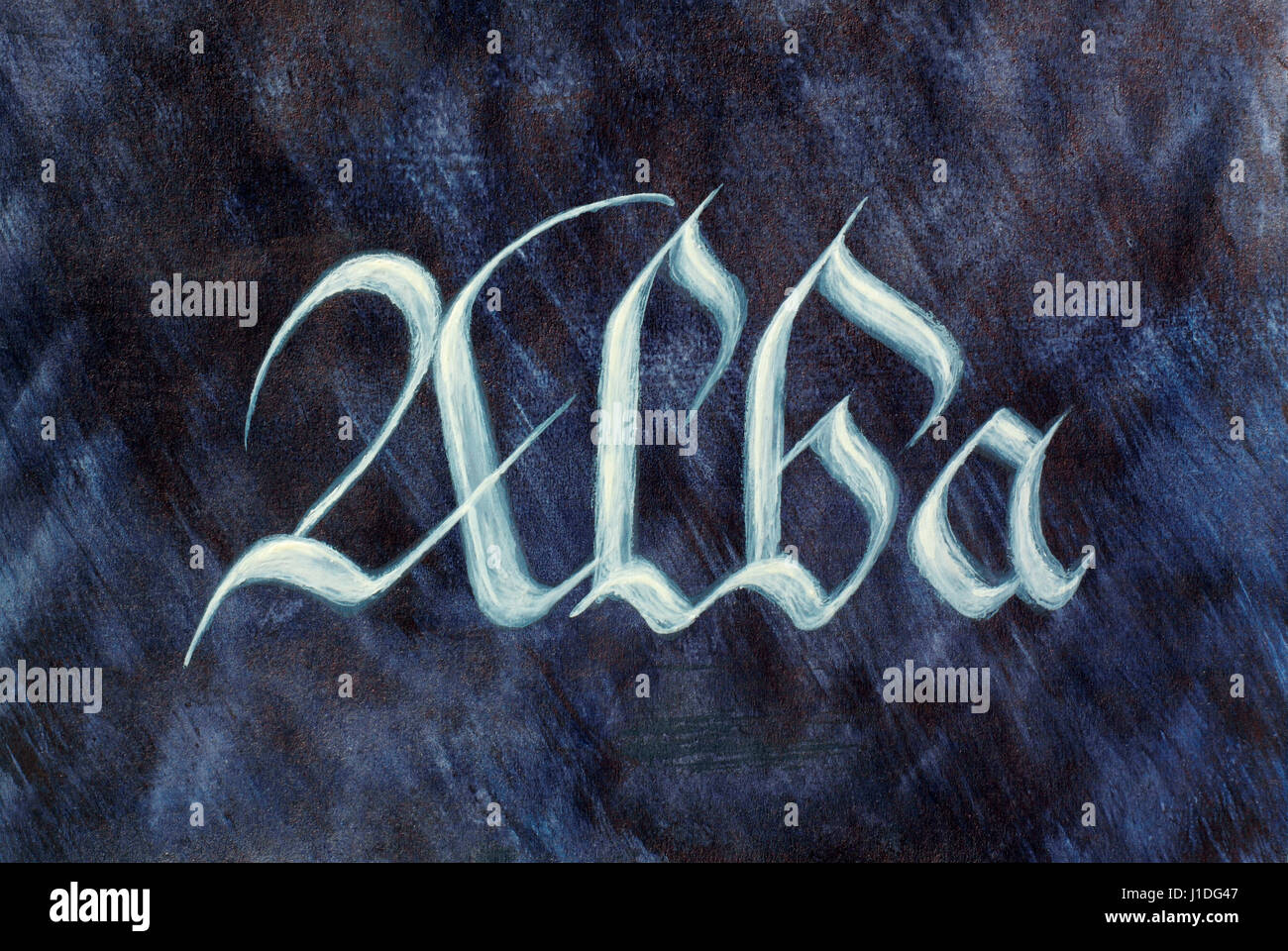 Painted country name over dark background. Scotland (Alba). Latin medieval gothic script. Scottish Gaelic language. Stock Photo