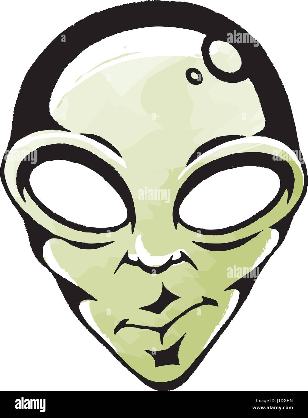 Vector Illustration of a Scratchboard Style Ink and Watercolor Drawing of a Green Alien Face Stock Vector