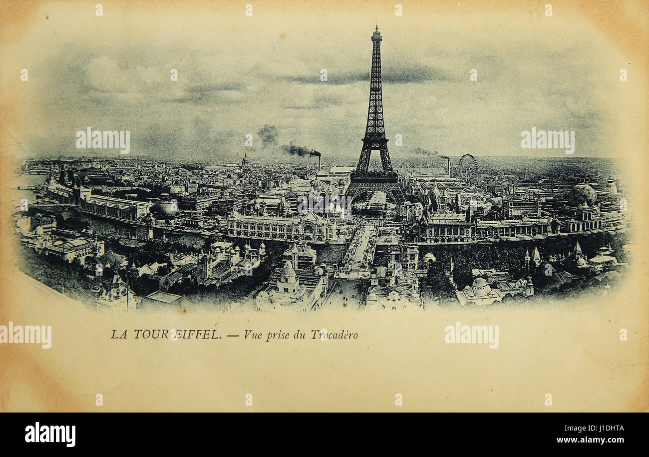Rare vintage postcard with view on Eiffel Tower from Trocadero in Paris, France, circa 1900 Stock Photo