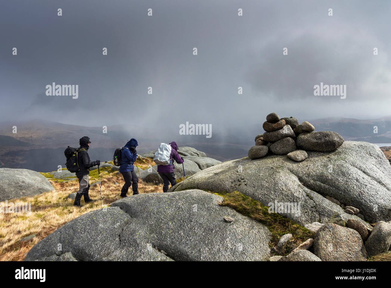 Walkers on the Summit of Criagnaw Bracing Themselves Against the Wind as a Heavy Snow Squall Hits Them, Galloway Hills, Scotland Stock Photo