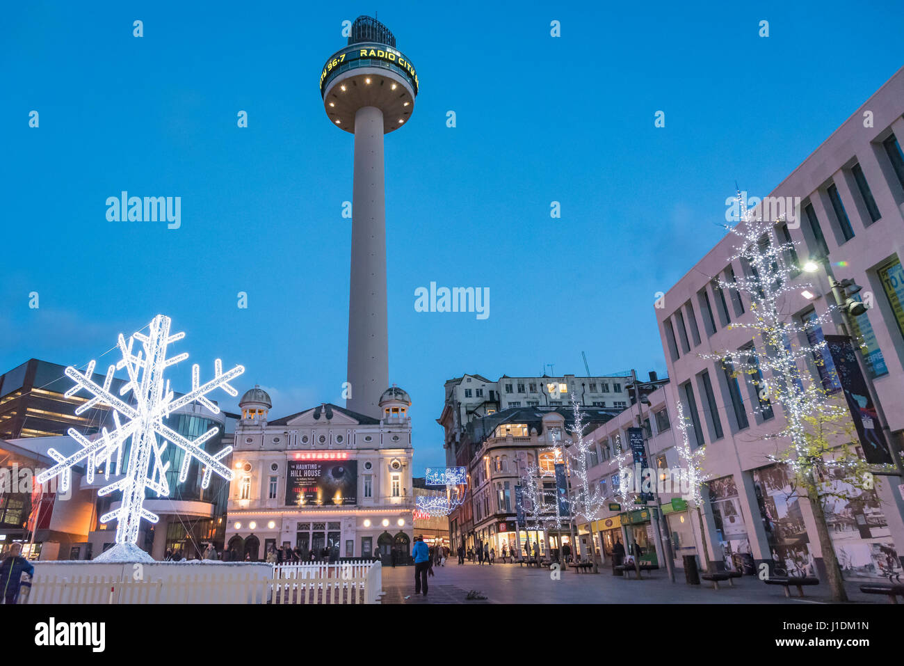The St, John's beacon twoer in Williamson Square Liverpool floodlit at night. Christam decorations Stock Photo