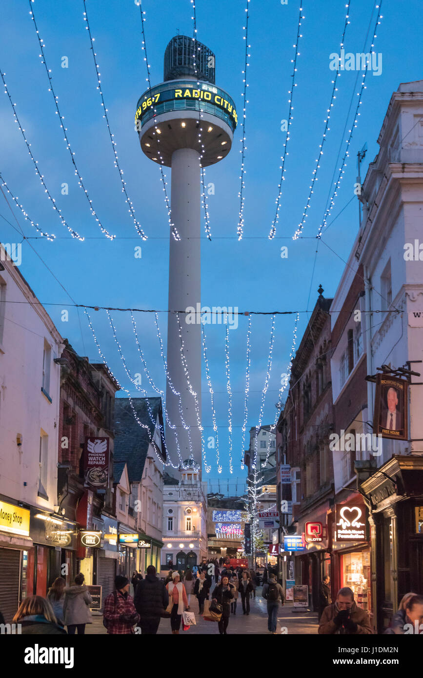 The St, John's beacon twoer in Williamson Square Liverpool floodlit at night. Christam decorations Stock Photo