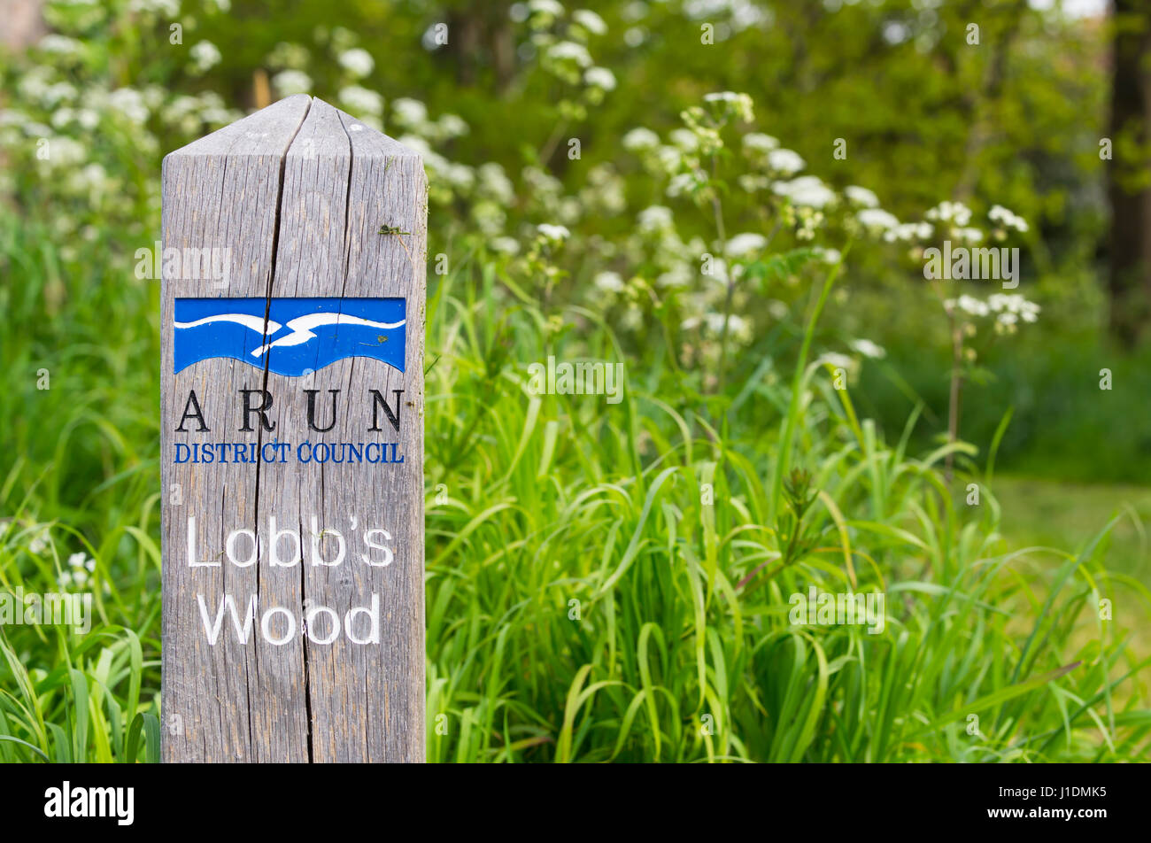 Lobb's Wood entrance showing a wooden sign in Littlehampton, West Sussex, England, UK. Stock Photo