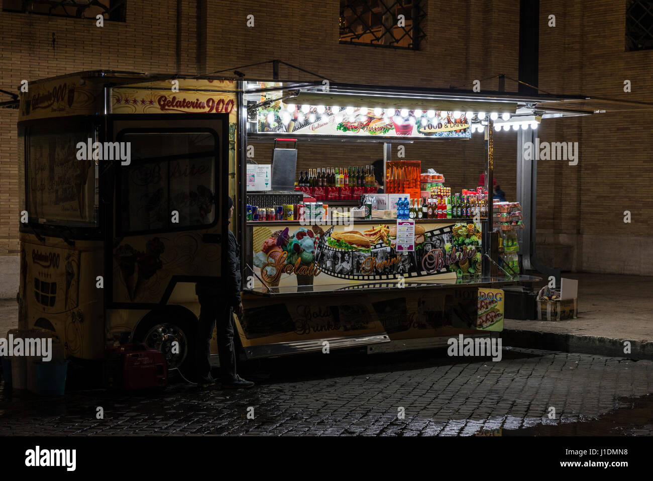 Rome, Italy - January 4, 2017: Food truck on a street at night in Rome, Italy Stock Photo