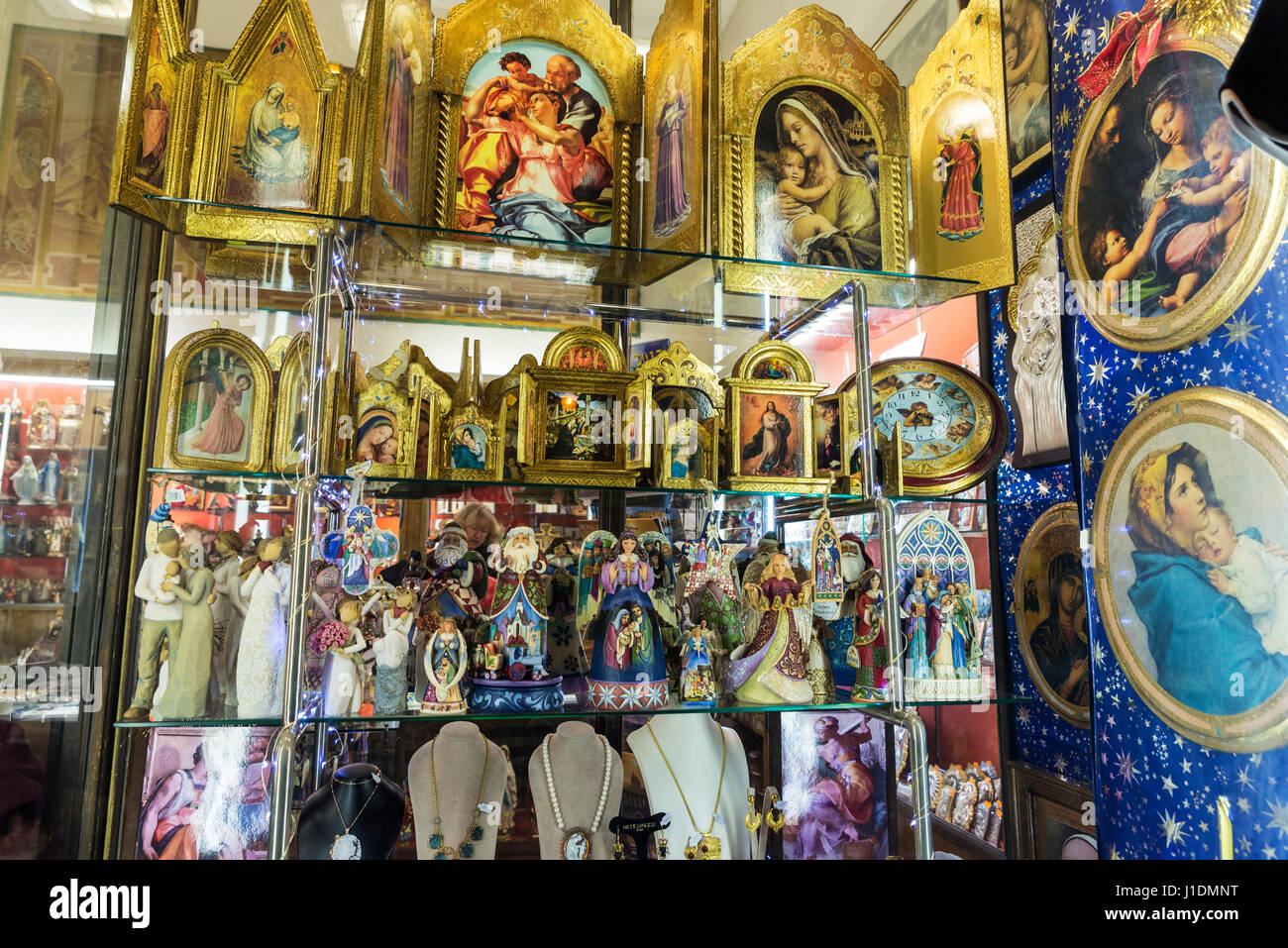 Rome, Italy January 4, 2017 Souvenir store with religious figures in