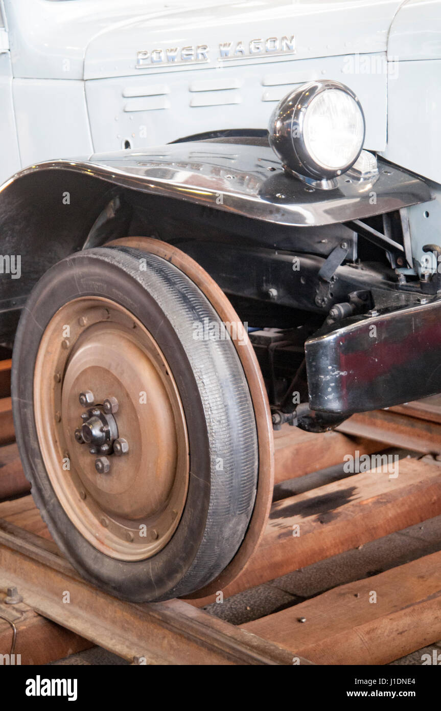 Fargo Power wagon adapted for travel on railway tracks at the Museo del Ferrocarril (Railway Museum) at Madrid-Delicias railway station. Madrid, Spain Stock Photo