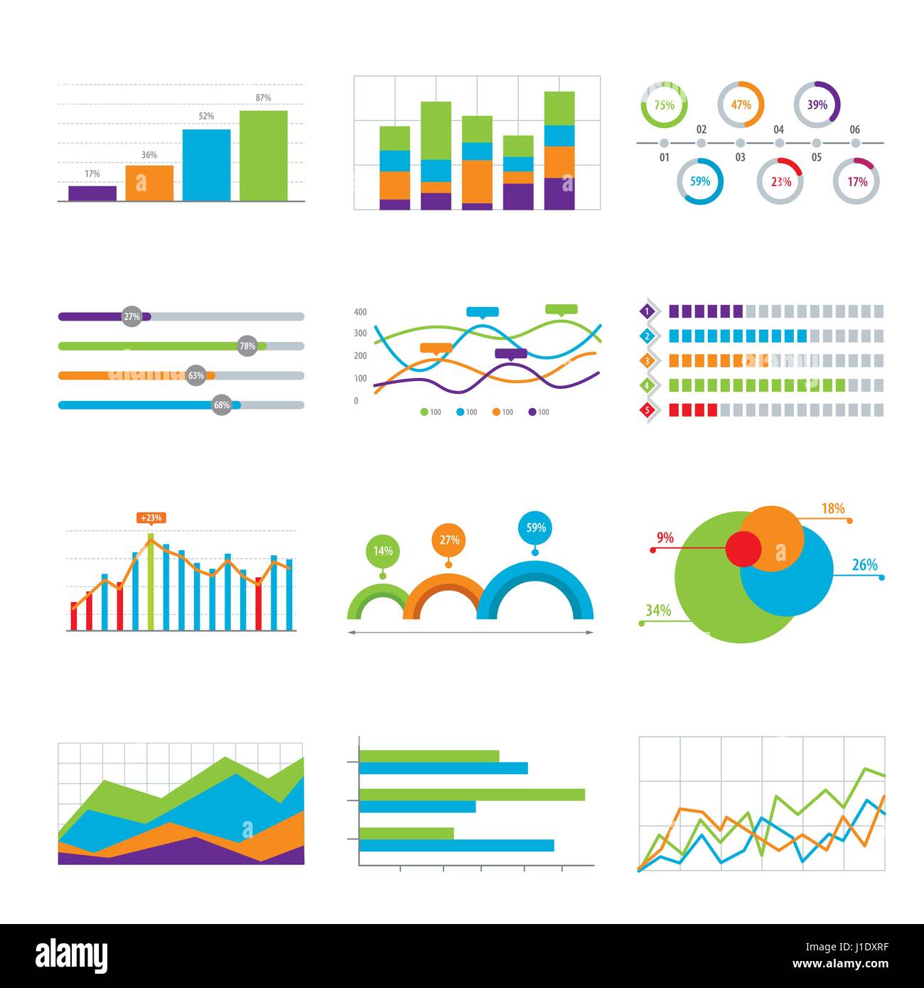 Business data market elements bar pie charts diagrams and graphs flat icons in vector illustration. Stock Vector