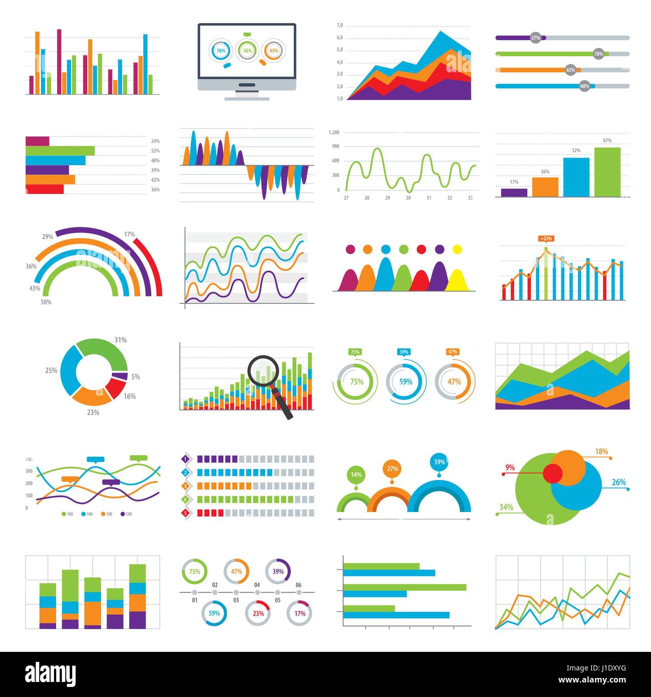 Business data market elements bar pie charts diagrams and graphs flat icons in vector illustration. Stock Vector