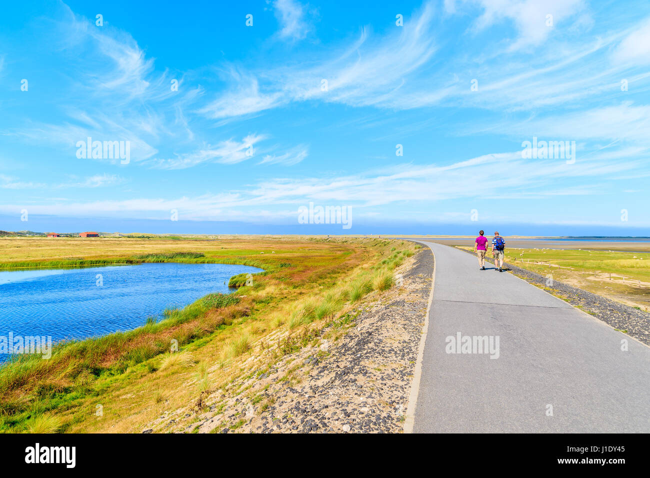 Couple of tourists walking on footpath in countryside landscape of Sylt island near List village, Germany Stock Photo