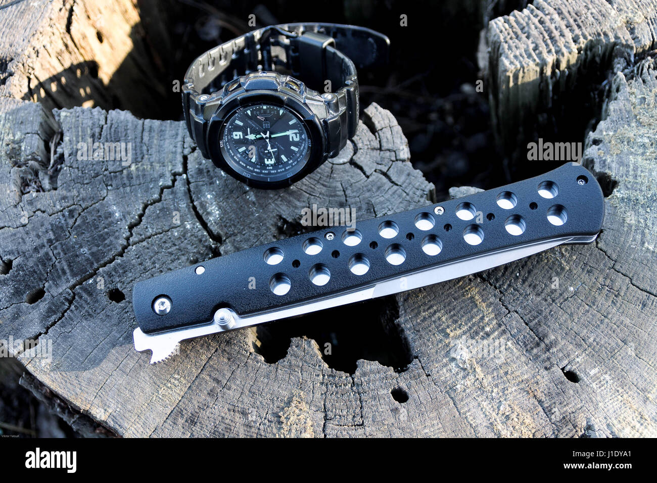 Military set. Tactical knife and clock. Black knife. Black watch Stock