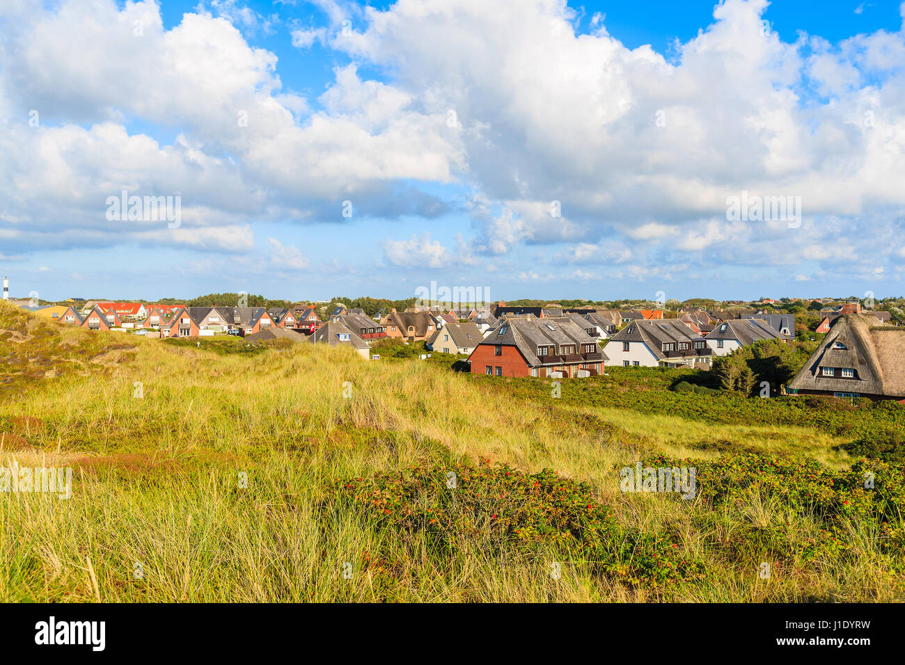 Sand dune with grass and houses of Wenningsted village in background, Sylt island, Germany Stock Photo