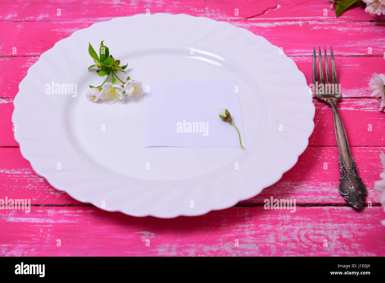 Empty white ceramic plate and fork on a pink wooden surface, top view ...