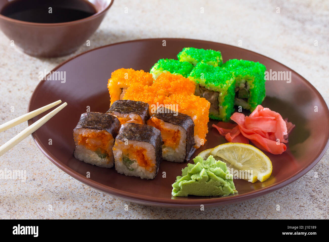 Sushi seth roll - Roll Green mile, Mr.Krabs, Okinawa, Philadelphia classic, roll Cheese salmon and Jamaica. Stock Photo