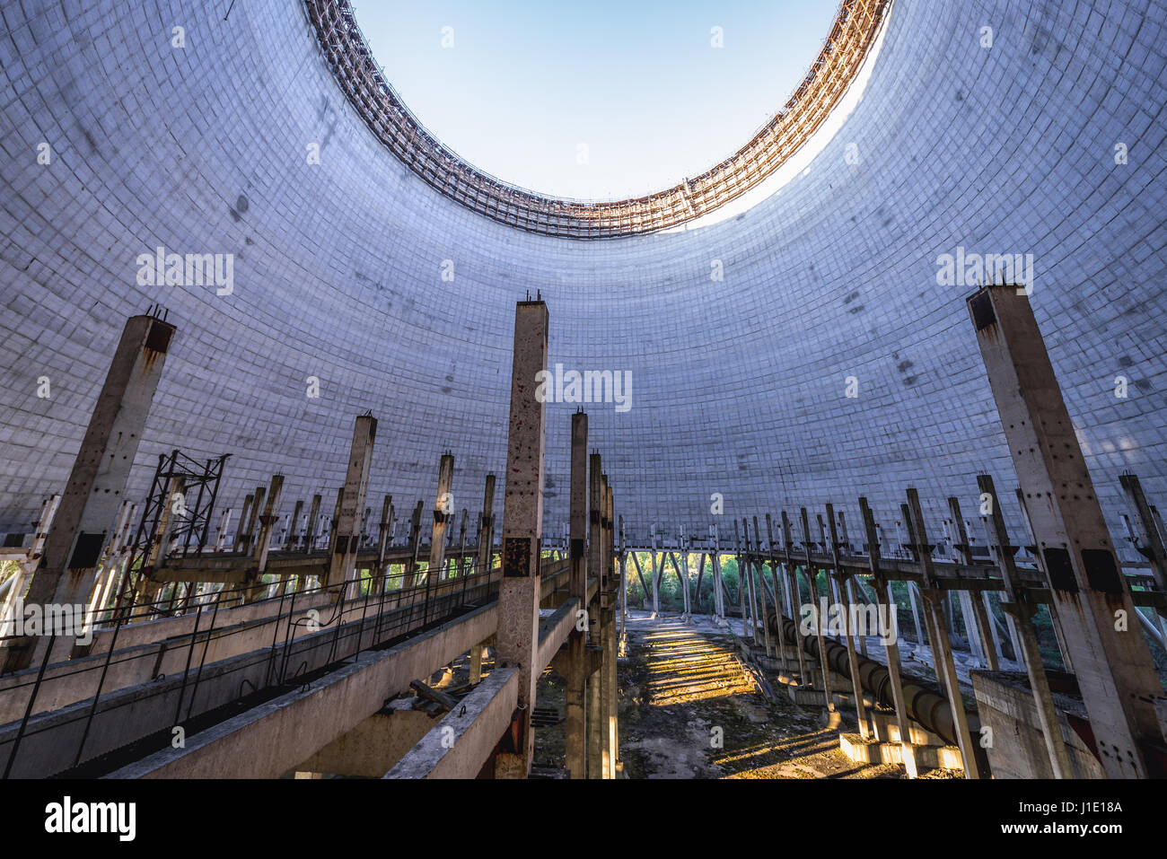 Inside the cooling tower of Chernobyl Nuclear Power Plant in Zone of Alienation around the nuclear reactor disaster in Ukraine Stock Photo