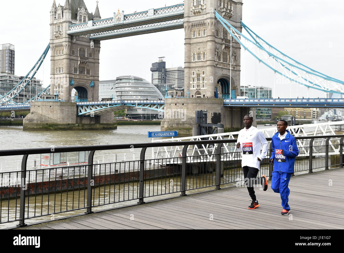 London, UK. 20th Apr, 2017. Kenenisa Bekele, Feyisa Lilesa attend the elite mens photo call for London Marathon Runners near Tower Bridge, London. Credit: Alan D West/Alamy Live News Stock Photo