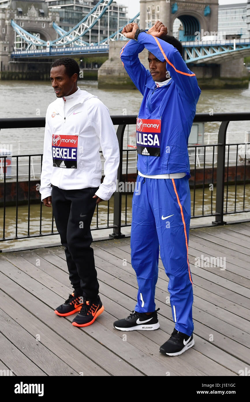 London, UK. 20th Apr, 2017. Kenenisa Bekele, Feyisa Lilesa attend the elite mens photo call for London Marathon Runners near Tower Bridge, London. Credit: Alan D West/Alamy Live News Stock Photo