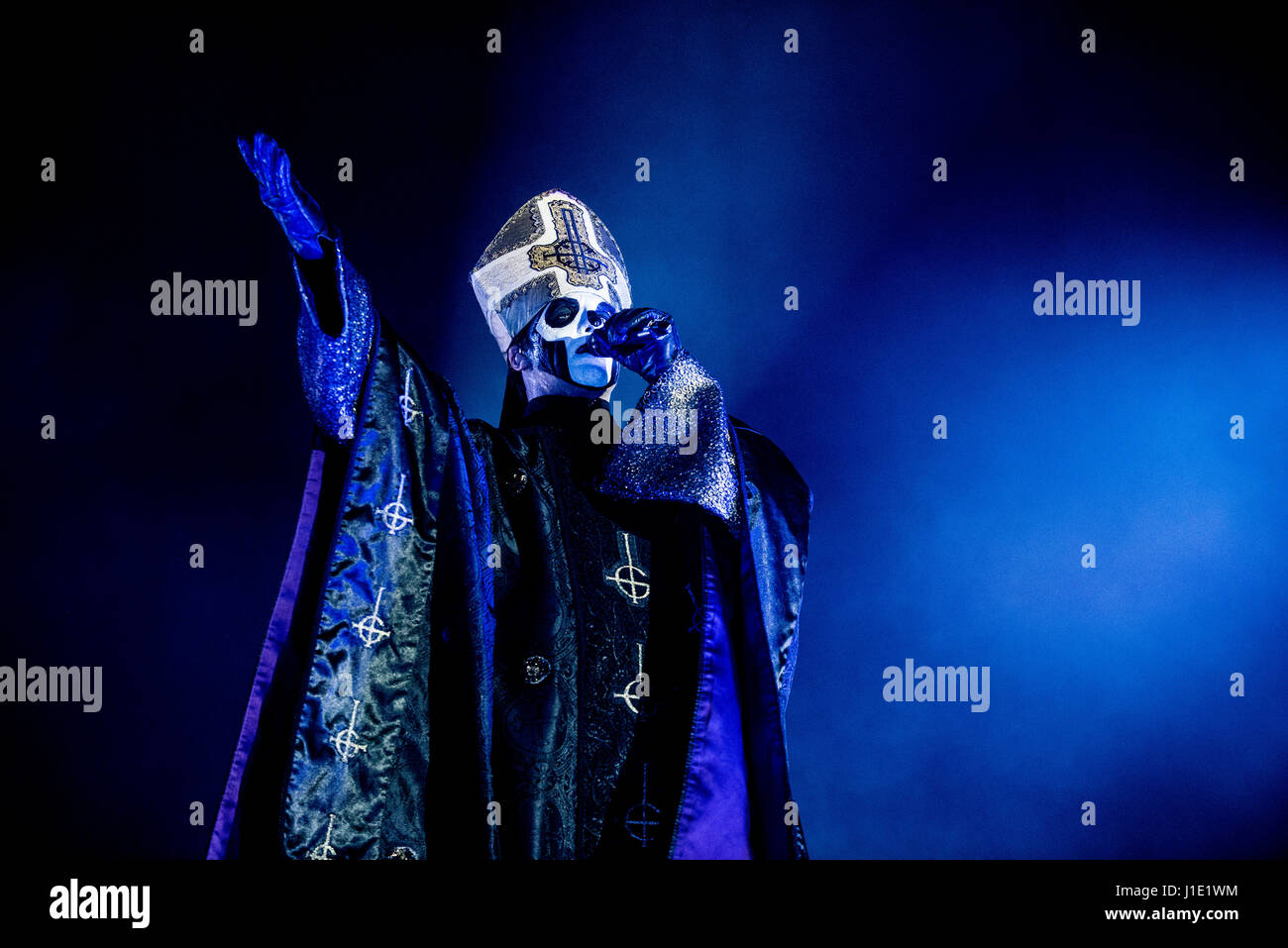 Milan, Italy 19 april 2017 Ghost band perform in Alcatraz.  Ghost is a Swedish heavy metal band that was formed in Linköping in 2008. In 2010, they released a 3-track demo followed by a 7' vinyl titled 'Elizabeth', and later their debut full-length album Opus Eponymous. The Grammis-nominated album was widely praised and increased their popularity significantly. Their second album and major label debut Infestissumam was released in 2013, debuted at number one in Sweden, and won the Grammis Award for Best Hard Rock/Metal Album. Credit: Alberto Gandolfo/Alamy Live News Stock Photo