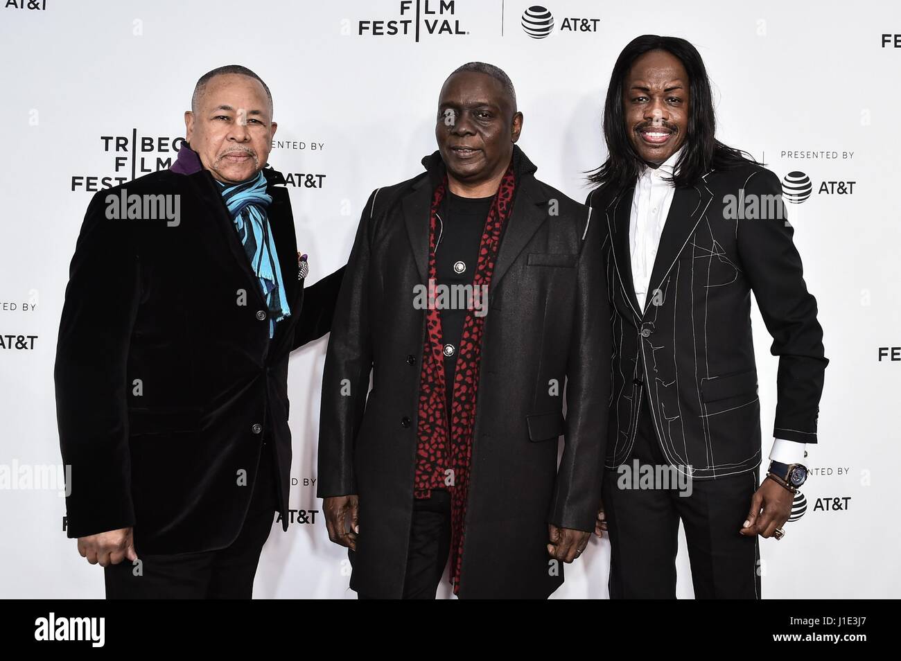 New York, NY, USA. 19th Apr, 2017. Ralph Johnson, Phillip Bailey, Verdine White at arrivals for CLIVE DAVIS: THE SOUNDTRACK OF OUR LIVES Opening Night Premiere at the 2017 Tribeca Film Festival, Radio City Music Hall, New York, NY April 19, 2017. Credit: Steven Ferdman/Everett Collection/Alamy Live News Stock Photo