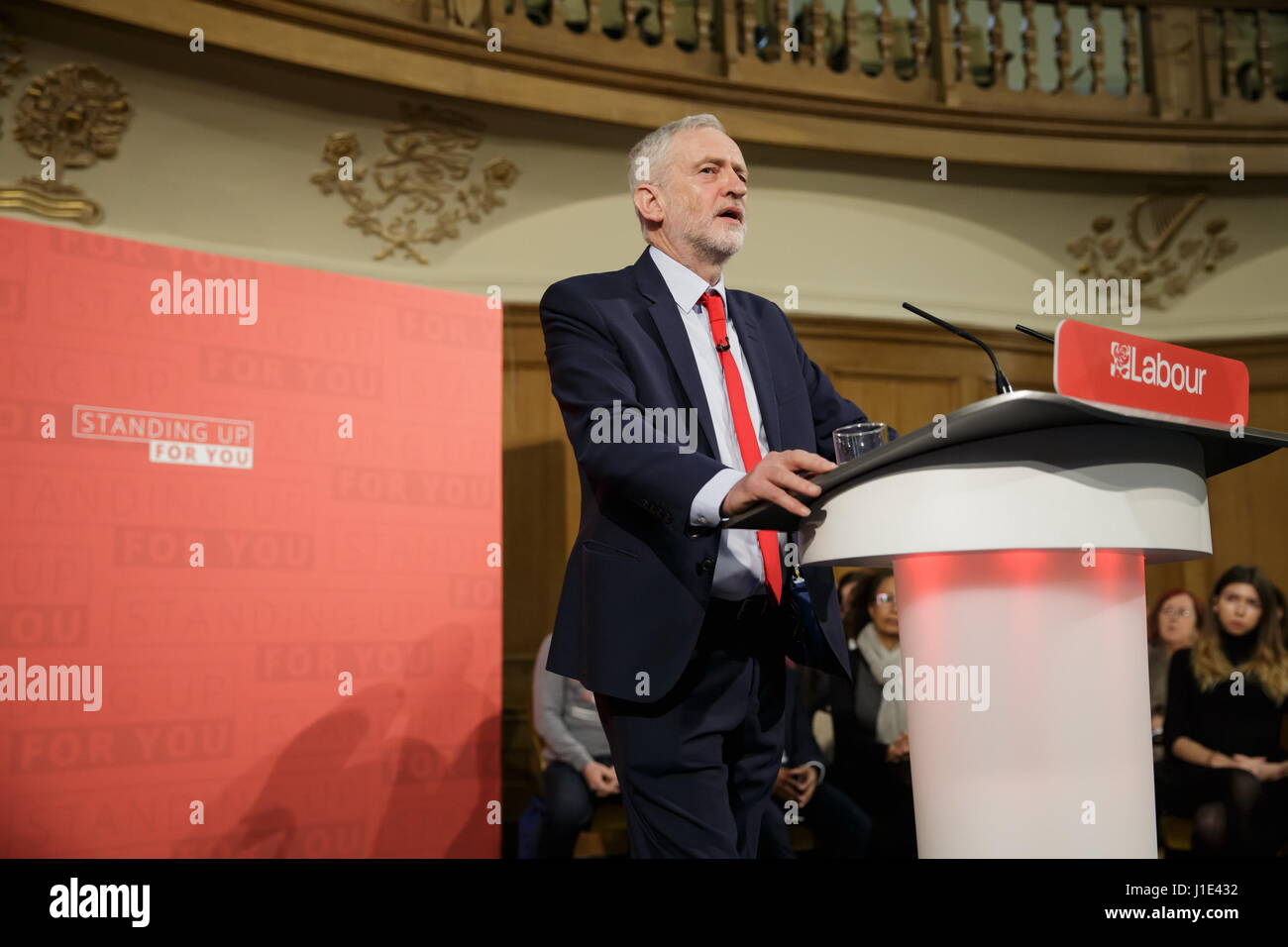 London, UK. 20th Apr, 2017. Leader of UK's main opposition Labour Party Jeremy Corbyn attends the launch of the Labour Party general election campaign in London, UK, on April 20, 2017. Credit: Tim Ireland/Xinhua/Alamy Live News Stock Photo