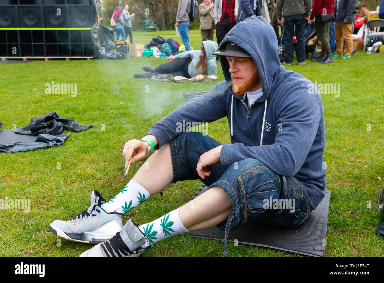 Glasgow, Scotland, UK. 20th April, 2017. On the sixth annual cannabis gathering organised by 'Glasgow Cannabis Social Club', several hundred supporters turned out at Glasgow Green in the city centre, to take part in the event, organised to coincide with 420 Hempstock (named so, because all cannabis users and supporters should light up at 4.20pm on this day). As well as this event in Glasgow, similar had been organised for London, Durham, Leeds and Derry with planned music festivals, live bands and public speakers. Credit: Findlay/Alamy Live News Stock Photo