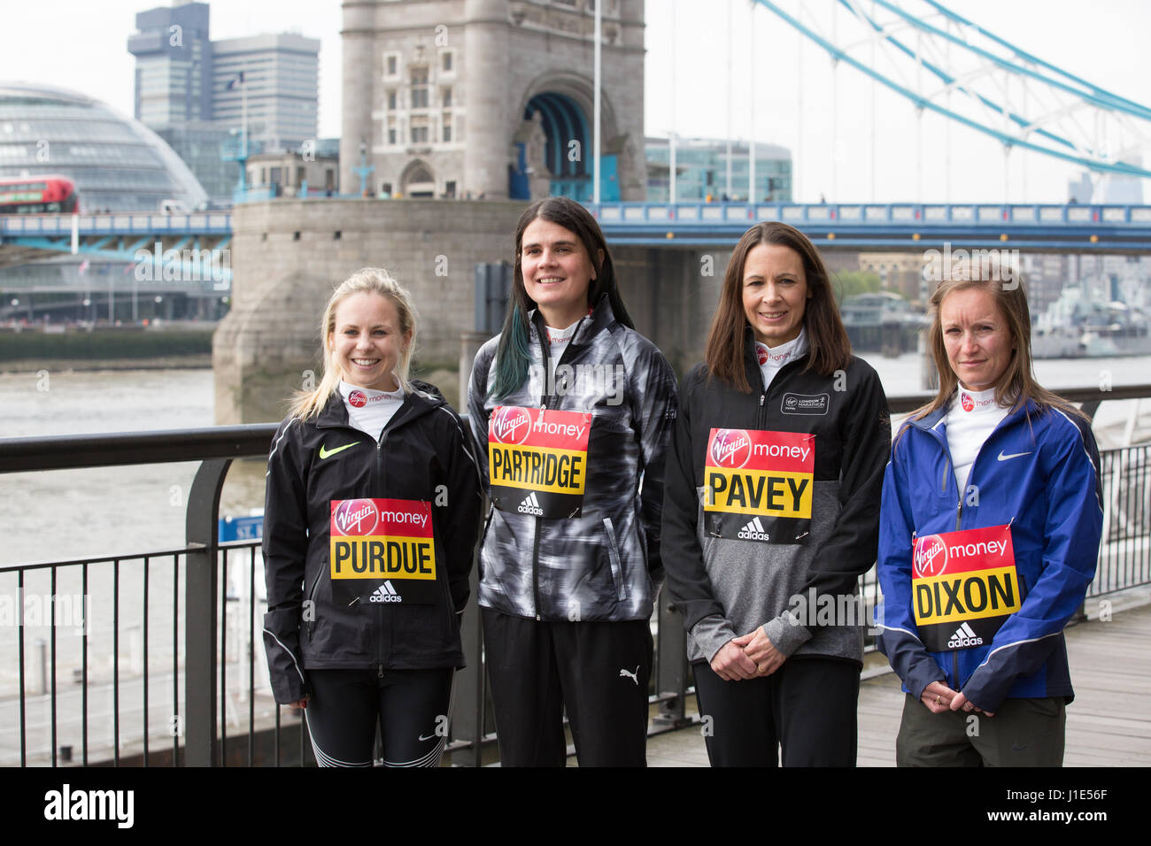 Tower Bridge, UK. 20th Apr, 2017. British Runners Charlotte Purdue, Susan Partridge, Jo Pavey and Alyson Dixon attend a photocall by Tower Bridge ahead of the Virgin Money London Marathon on Sunday 23rd April 2017 Credit: Keith Larby/Alamy Live News Stock Photo