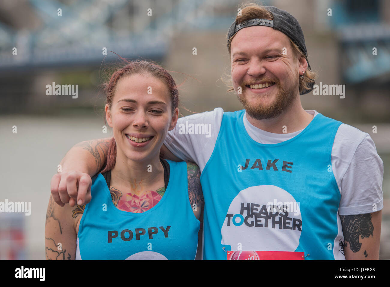 London, UK. 21st Apr, 2017. Poppy and Jake are running for Heads Together and suffer mental health issues which they hope to alleviate by training for the marathon… they have been part of a bbc program Mind Over Matter - special runners with a #ReasonToRun in the 2017 Virgin Money London Marathon Credit: Guy Bell/Alamy Live News Credit: Guy Bell/Alamy Live News Stock Photo
