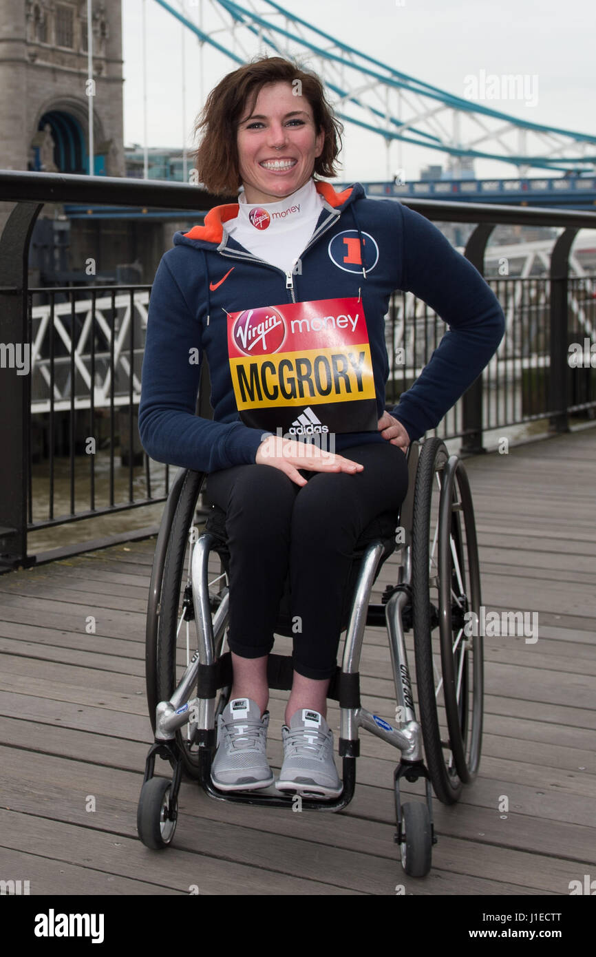 London, UK. 21st Apr, 2017. Amanda McGrory attending the Wheelchair Athletes photo call for London Marathon near Tower Bridge, London. Credit: Alan D West/Alamy Live News Stock Photo