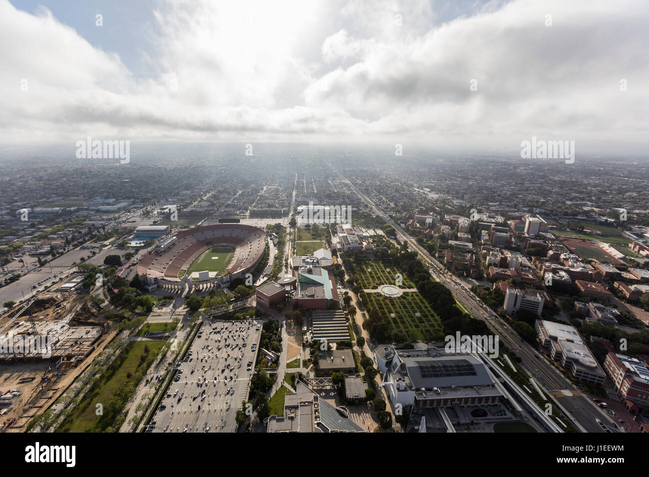 Los Angeles, California, USA - April 12, 2017:  Aerial view of the historic Coliseum and Exposition Park Rose Garden and Museums. Stock Photo