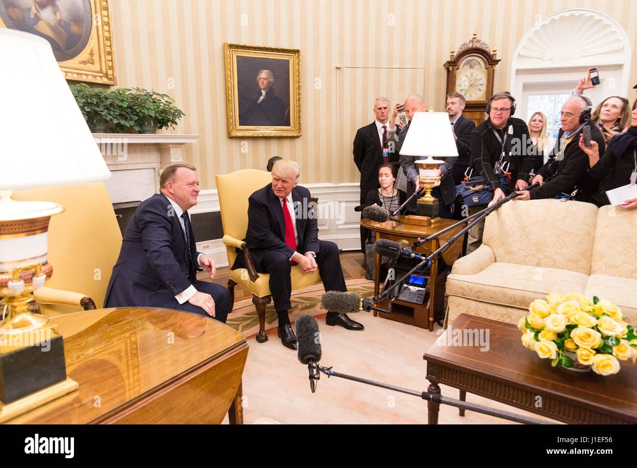 U.S. President Donald Trump meets with Danish Prime Minister Lars Lokke Rasmussen in the Oval Office of the White House March 30, 2017 in Washington, D.C. Stock Photo